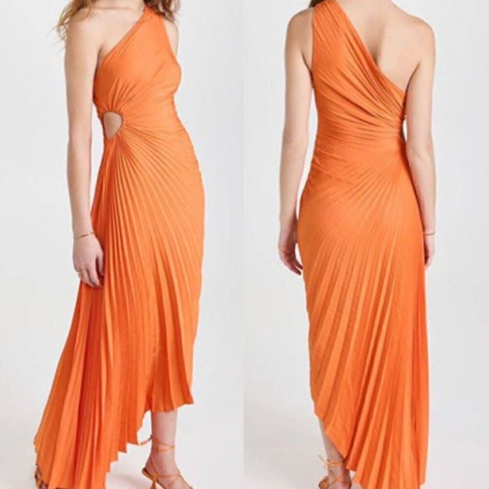 House of Harlow 1960 Off Orange Cut Out One Shoulder Pleated Dress Size Medium - Picture 1 of 16